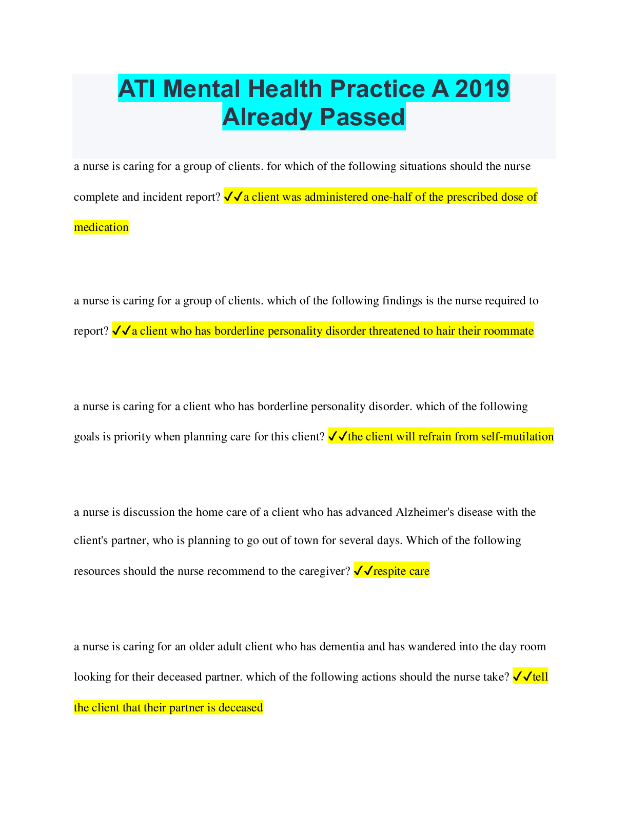 Preview of ATI Mental Health Practice A 2019 Already Passed